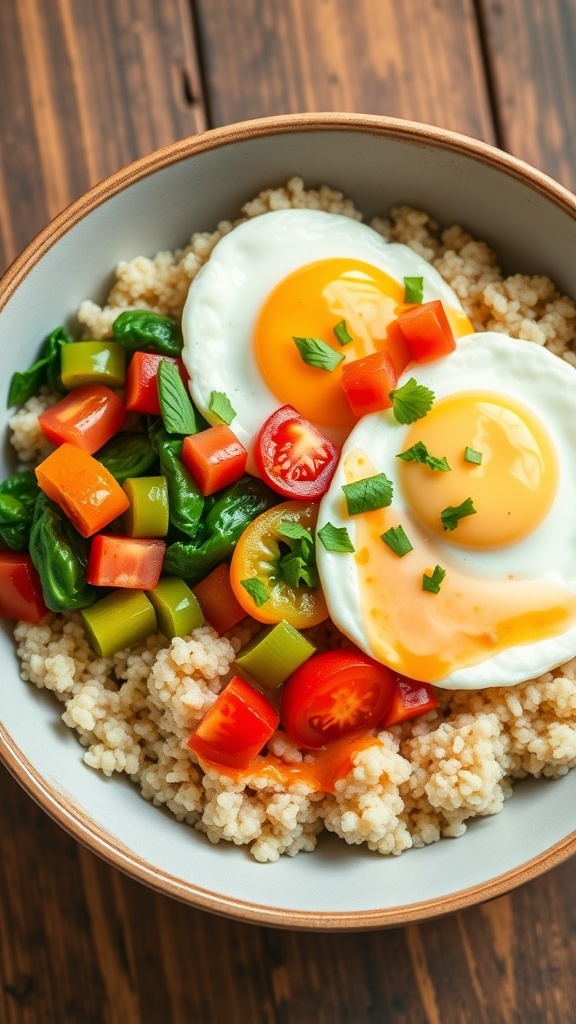 Protein-Packed Egg Quinoa Bowl A colorful egg quinoa bowl with sunny-side-up eggs, spinach, bell peppers, and tomatoes on a wooden table.